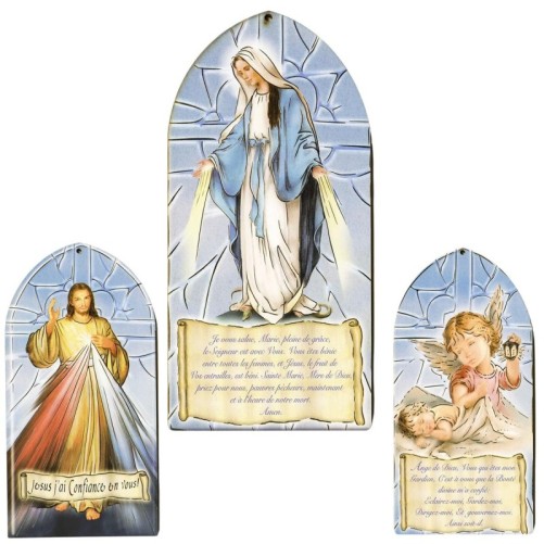 Cadre plaque de porte en bois -agrave- suspendre- H- 20 cm- image coll-eacute-e avec pri-egrave-re- plusieurs saints-