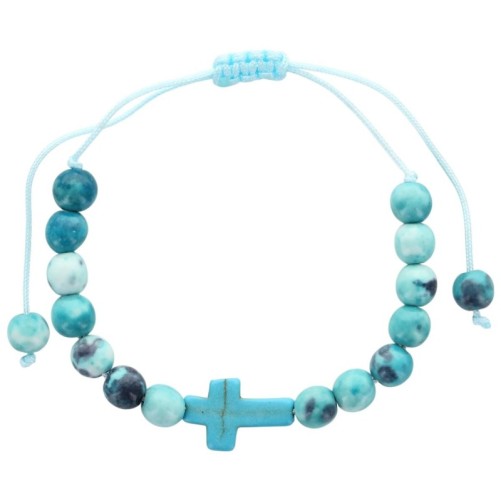 Bracelet sur corde réglable en pierre de jade blanc et turquoise synthétique avec croix. Différentes couleurs Ø 7 mm
