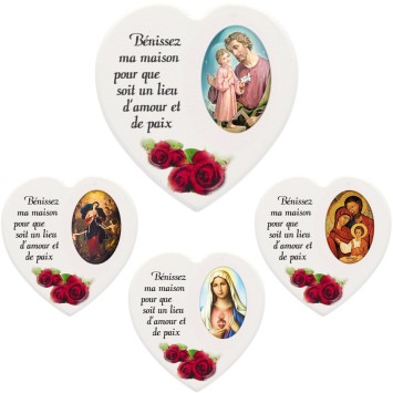Magnet en bois avec prière forme coeur H 5 cm. Disponible avec différents Saints.