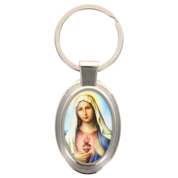 Porte-clés en métal de couleur argenté de forme ovale H. 4.3 cm. Livré en boite cadeaux. Existe avec différents Saints.