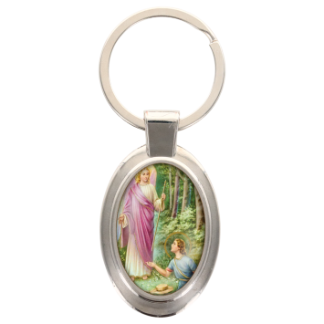 Porte-clés en métal de couleur argenté de forme ovale H. 4.3 cm. Livré en boite cadeaux. Existe avec différents Saints.