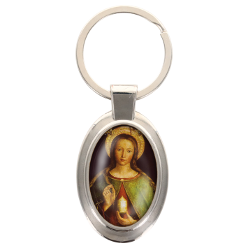 Porte-clés en métal de couleur argenté de forme ovale H. 4.3 cm. Livré en boite cadeaux. Existe avec différents Saints.