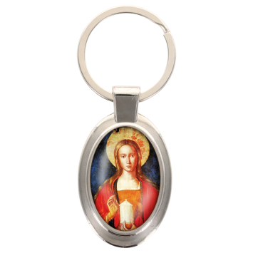 Porte-clés en métal de couleur argenté de forme ovale H. 4.3 cm. Livré en boite cadeaux. Existe avec différents Saints.
