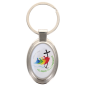 Porte-clés en métal de couleur argenté de forme ovale H. 4.3 cm. Livré en boite cadeaux. Existe avec différents Saints.