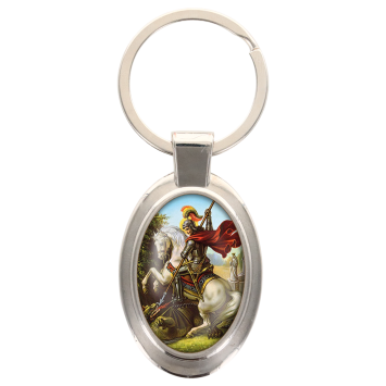 Porte-clés en métal de couleur argenté de forme ovale H. 4.3 cm. Livré en boite cadeaux. Existe avec différents Saints.