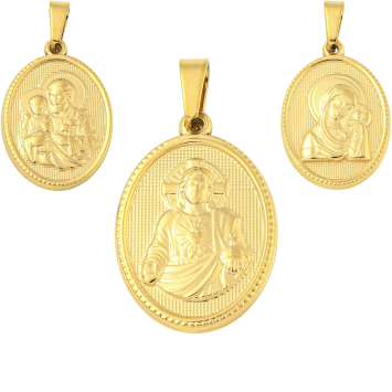 Médaille en acier inoxydable de couleur dorée, H. 2.1 cm. Existe avec différents Saints.