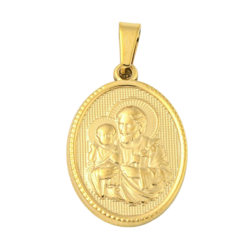 Médaille en acier inoxydable de couleur dorée, H. 2.1 cm. Existe avec différents Saints.