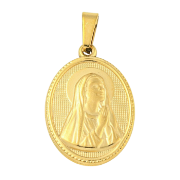 Médaille en acier inoxydable de couleur dorée, H. 2.1 cm. Existe avec différents Saints.