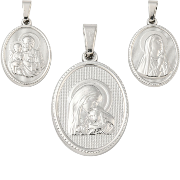 Médaille en acier inoxydable de couleur argentée, H. 2.1 cm. Existe avec différents Saints.