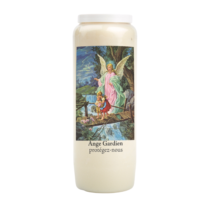 Bougie de neuvaine durée 9 jours 100% végétal avec autocollant classique et prière, hauteur 18 cm Ø 6,5 cm.