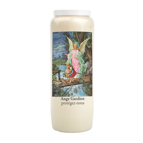Bougie de neuvaine durée 9 jours 100% végétal avec autocollant classique et prière, hauteur 18 cm Ø 6,5 cm.