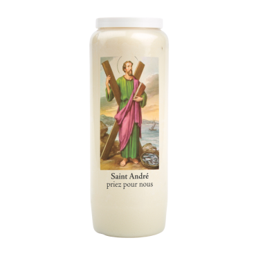 Bougie de neuvaine durée 9 jours 100% végétal avec autocollant classique et prière, hauteur 18 cm Ø 6,5 cm.
