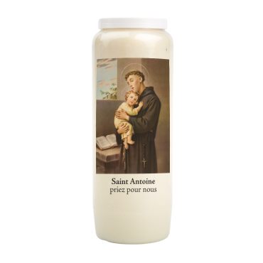 Bougie de neuvaine durée 9 jours 100% végétal avec autocollant classique et prière, hauteur 18 cm Ø 6,5 cm.