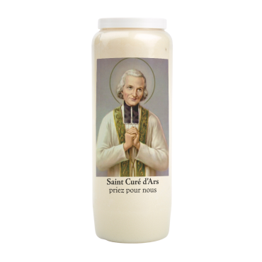 Bougie de neuvaine durée 9 jours 100% végétal avec autocollant classique et prière, hauteur 18 cm Ø 6,5 cm.