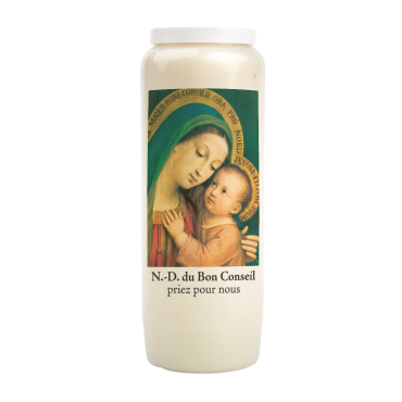 Bougie de neuvaine durée 9 jours 100% végétal avec autocollant classique et prière, hauteur 18 cm Ø 6,5 cm.