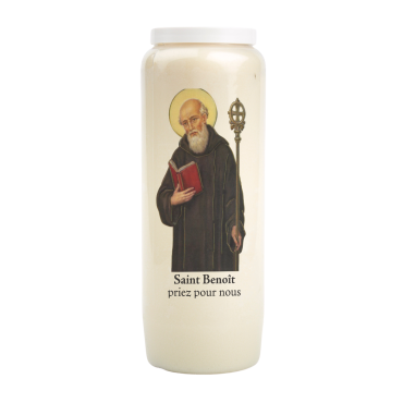 Bougie de neuvaine durée 9 jours 100% végétal avec autocollant classique et prière, hauteur 18 cm Ø 6,5 cm.