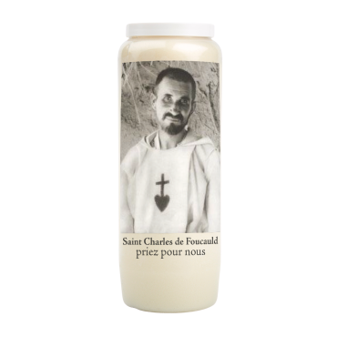 Bougie de neuvaine durée 9 jours 100% végétal avec autocollant classique et prière, hauteur 18 cm Ø 6,5 cm.