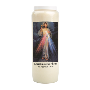 Bougie de neuvaine durée 9 jours 100% végétal avec autocollant classique et prière, hauteur 18 cm Ø 6,5 cm.