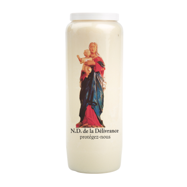 Bougie de neuvaine durée 9 jours 100% végétal avec autocollant classique et prière, hauteur 18 cm Ø 6,5 cm.
