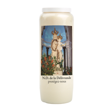 Bougie de neuvaine durée 9 jours 100% végétal avec autocollant classique et prière, hauteur 18 cm Ø 6,5 cm.