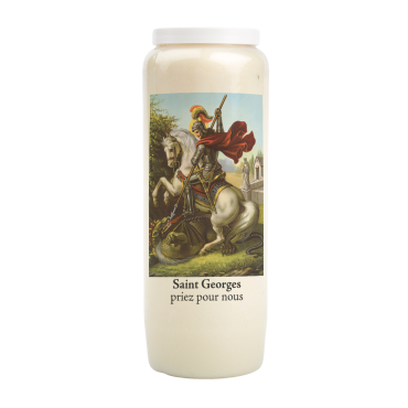 Bougie de neuvaine durée 9 jours 100% végétal avec autocollant classique et prière, hauteur 18 cm Ø 6,5 cm.