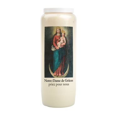 Bougie de neuvaine durée 9 jours 100% végétal avec autocollant classique et prière, hauteur 18 cm Ø 6,5 cm.
