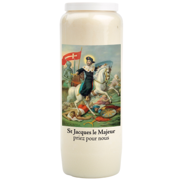 Bougie de neuvaine durée 9 jours 100% végétal avec autocollant classique et prière, hauteur 18 cm Ø 6,5 cm.