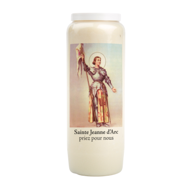 Bougie de neuvaine durée 9 jours 100% végétal avec autocollant classique et prière, hauteur 18 cm Ø 6,5 cm.