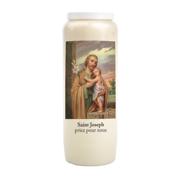 Bougie de neuvaine durée 9 jours 100% végétal avec autocollant classique et prière, hauteur 18 cm Ø 6,5 cm.