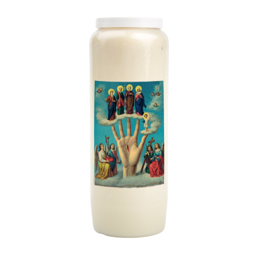 Bougie de neuvaine durée 9 jours 100% végétal avec autocollant classique et prière, hauteur 18 cm Ø 6,5 cm.