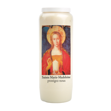 Bougie de neuvaine durée 9 jours 100% végétal avec autocollant classique et prière, hauteur 18 cm Ø 6,5 cm.