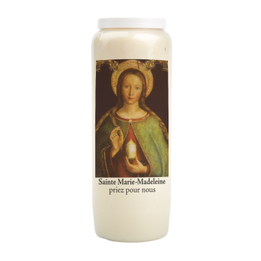 Bougie de neuvaine durée 9 jours 100% végétal avec autocollant classique et prière, hauteur 18 cm Ø 6,5 cm.
