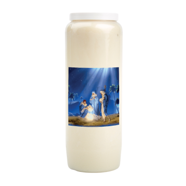 Bougie de neuvaine durée 9 jours 100% végétal avec autocollant classique et prière, hauteur 18 cm Ø 6,5 cm.