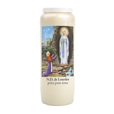 Bougie de neuvaine durée 9 jours 100% végétal avec autocollant classique et prière, hauteur 18 cm Ø 6,5 cm.