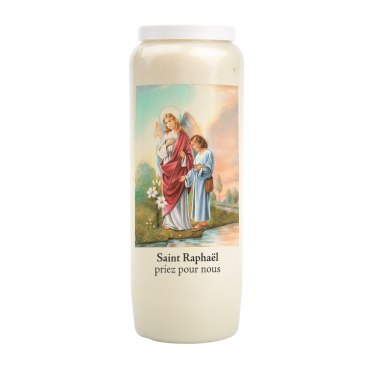 Bougie de neuvaine durée 9 jours 100% végétal avec autocollant classique et prière, hauteur 18 cm Ø 6,5 cm.