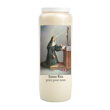 Bougie de neuvaine durée 9 jours 100% végétal avec autocollant classique et prière, hauteur 18 cm Ø 6,5 cm.