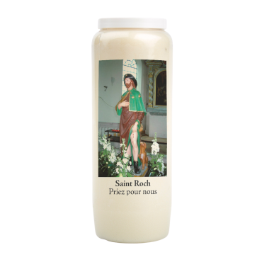 Bougie de neuvaine durée 9 jours 100% végétal avec autocollant classique et prière, hauteur 18 cm Ø 6,5 cm.