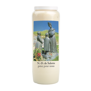 Bougie de neuvaine durée 9 jours 100% végétal avec autocollant classique et prière, hauteur 18 cm Ø 6,5 cm.