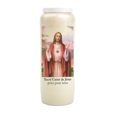 Bougie de neuvaine durée 9 jours 100% végétal avec autocollant classique et prière, hauteur 18 cm Ø 6,5 cm.