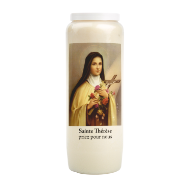 Bougie de neuvaine durée 9 jours 100% végétal avec autocollant classique et prière, hauteur 18 cm Ø 6,5 cm.