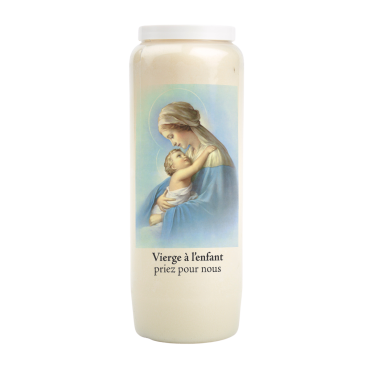Bougie de neuvaine durée 9 jours 100% végétal avec autocollant classique et prière, hauteur 18 cm Ø 6,5 cm.