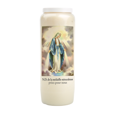 Bougie de neuvaine durée 9 jours 100% végétal avec autocollant classique et prière, hauteur 18 cm Ø 6,5 cm.