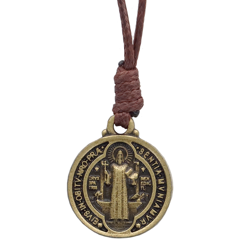 Médaille de saint benoit bronze avec cordon marron 1.8 x 2.1 cm