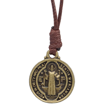 Médaille de saint benoit bronze avec cordon marron 1.8 x 2.1 cm