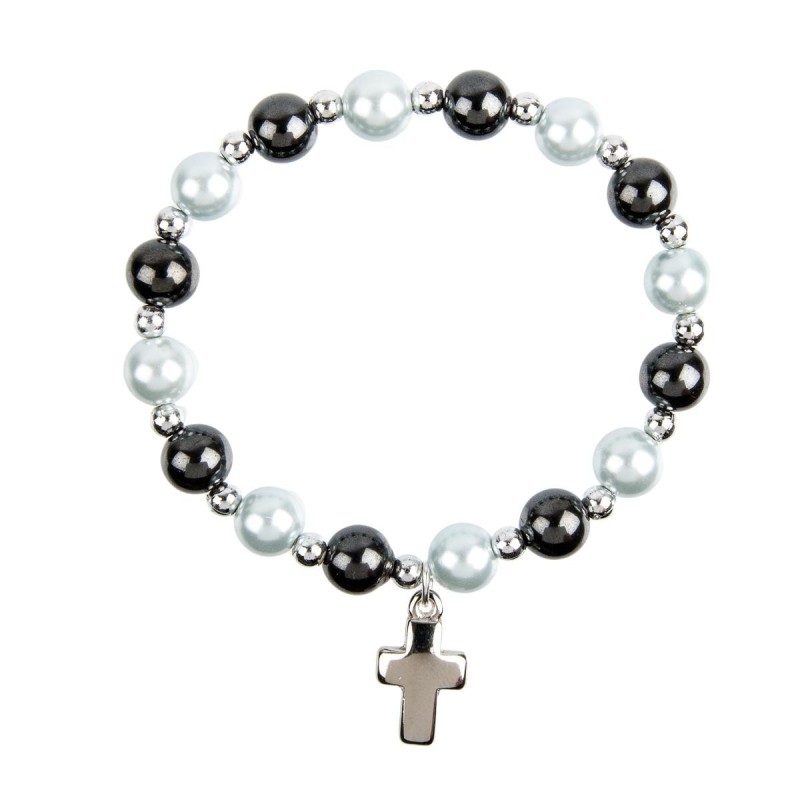 Bracelet sur elastique en hematite avec grains nacres Ø 8 mm, avec croix.