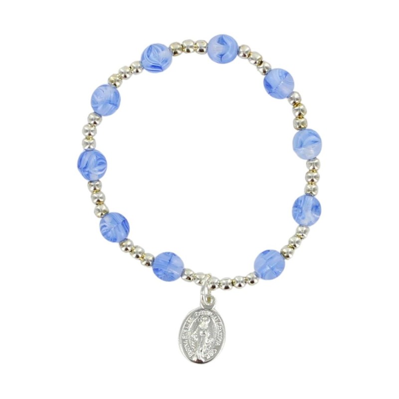 Bracelet dizainier sur élastique pour enfant avec grains œil de chat Ø 6 mm et médaille en métal de la Vierge Miraculeuse.