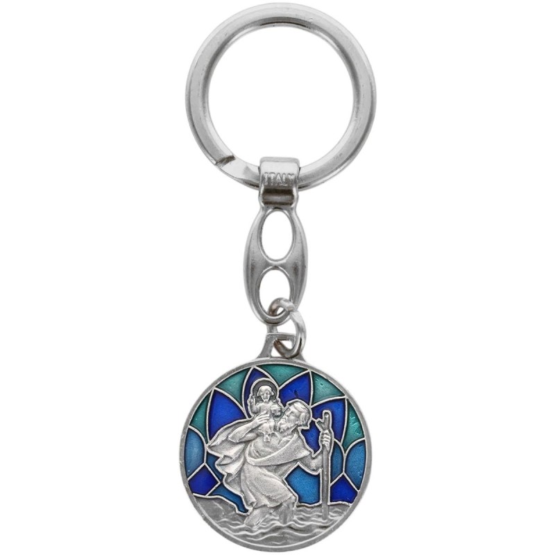 Porte-clés rond argenté représentant Saint Christophe, décor vitrail coloré – Ø 3 cm.