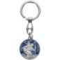 Porte-clés rond argenté représentant Saint Christophe, décor vitrail coloré – Ø 3 cm.