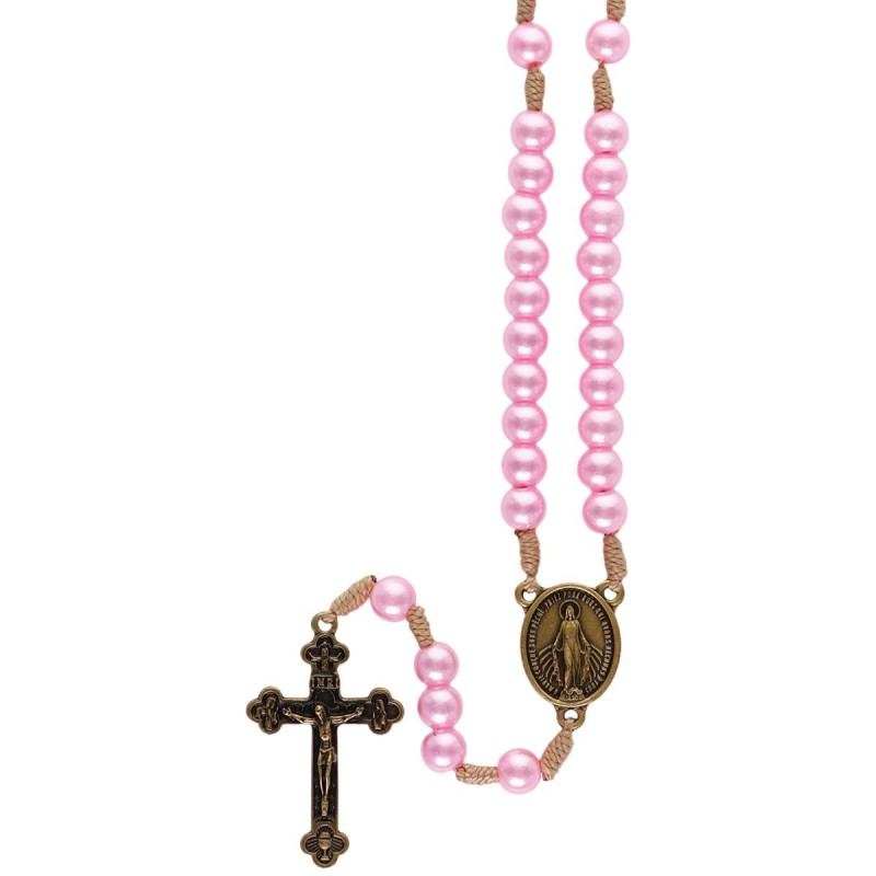 Chapelet sur corde, grains nacrés Ø mm, cœur 25,5 cm, croix métal avec Christ antique. Plusieurs couleurs.
