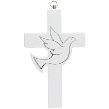 Croix à suspendre en bois avec colombe argentée. H. 14.5 cm